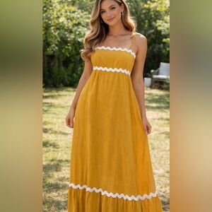 Chic Mustard Maxi Dress with White Accents